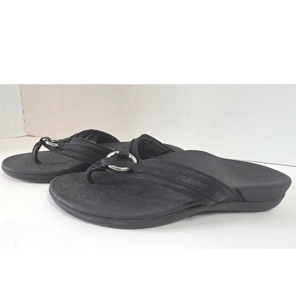 Vionic Tide Aloe Toe Post Flip Flop Sandal Black Leather 6 Arch‎ Support Comfort